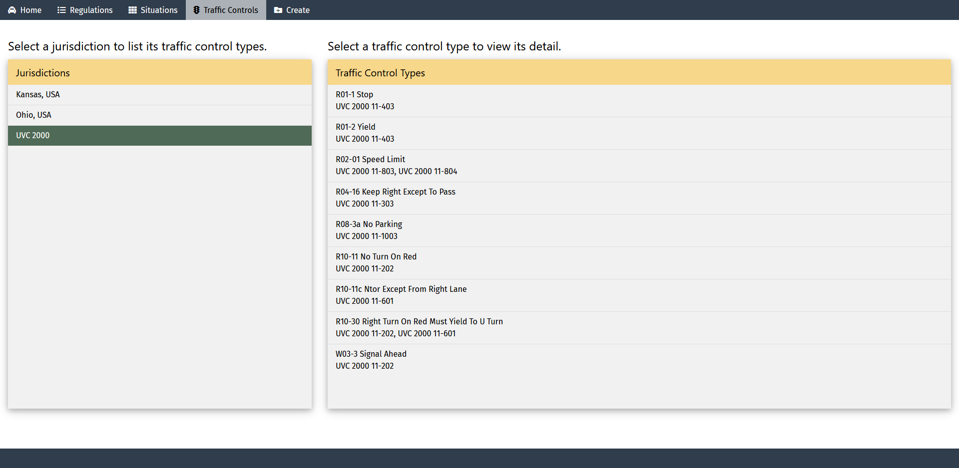 Screen capture of an automated driving systems regulations network page with the Traffic Controls tab selected. The main area shows a set of traffic control types associated with the jurisdiction selected.