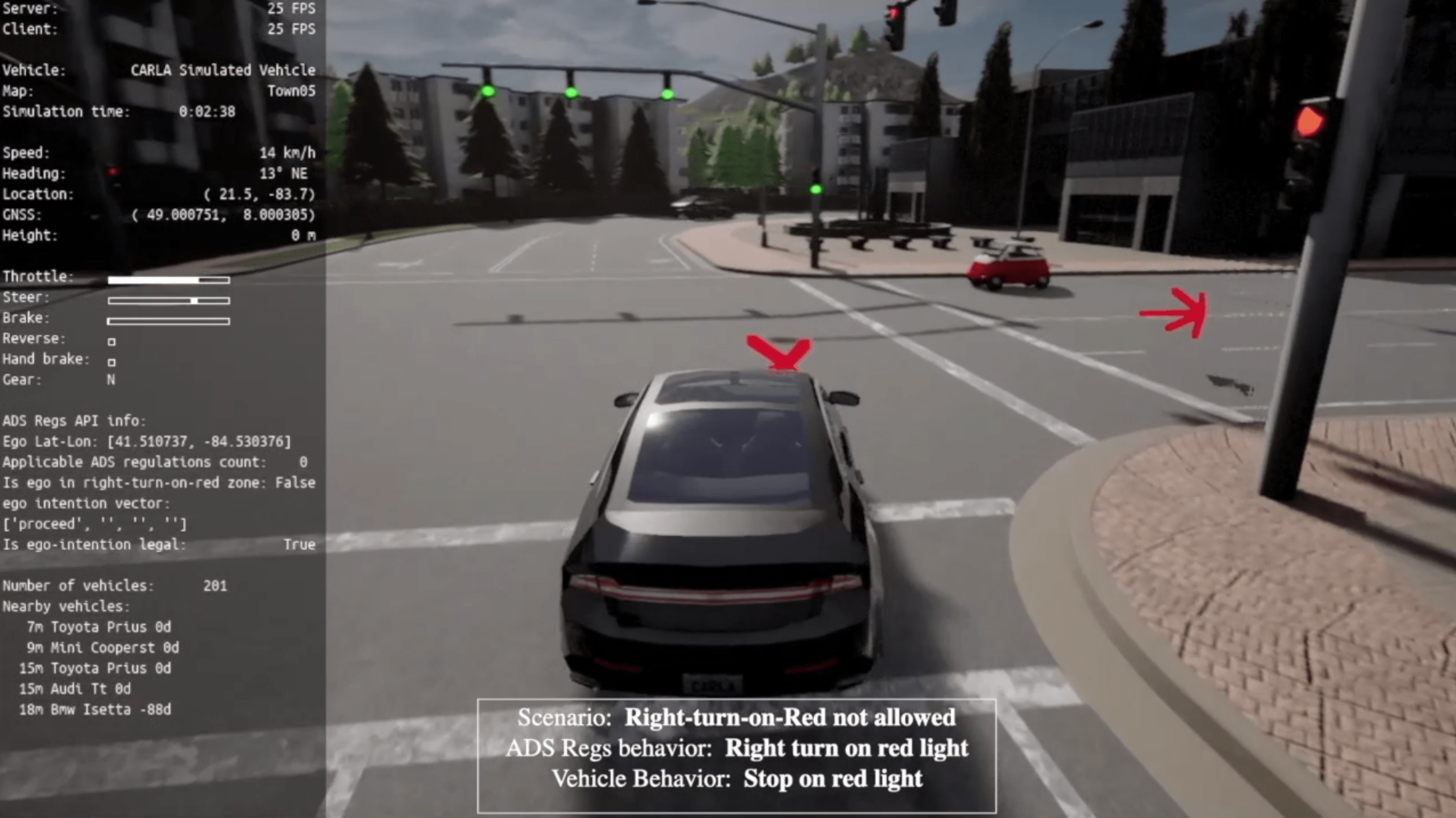 Simulated illustration of a at an intersection with a green light; a panel at left shows the calculations it uses to replan the trajectory to make a right turn and complete its intention.