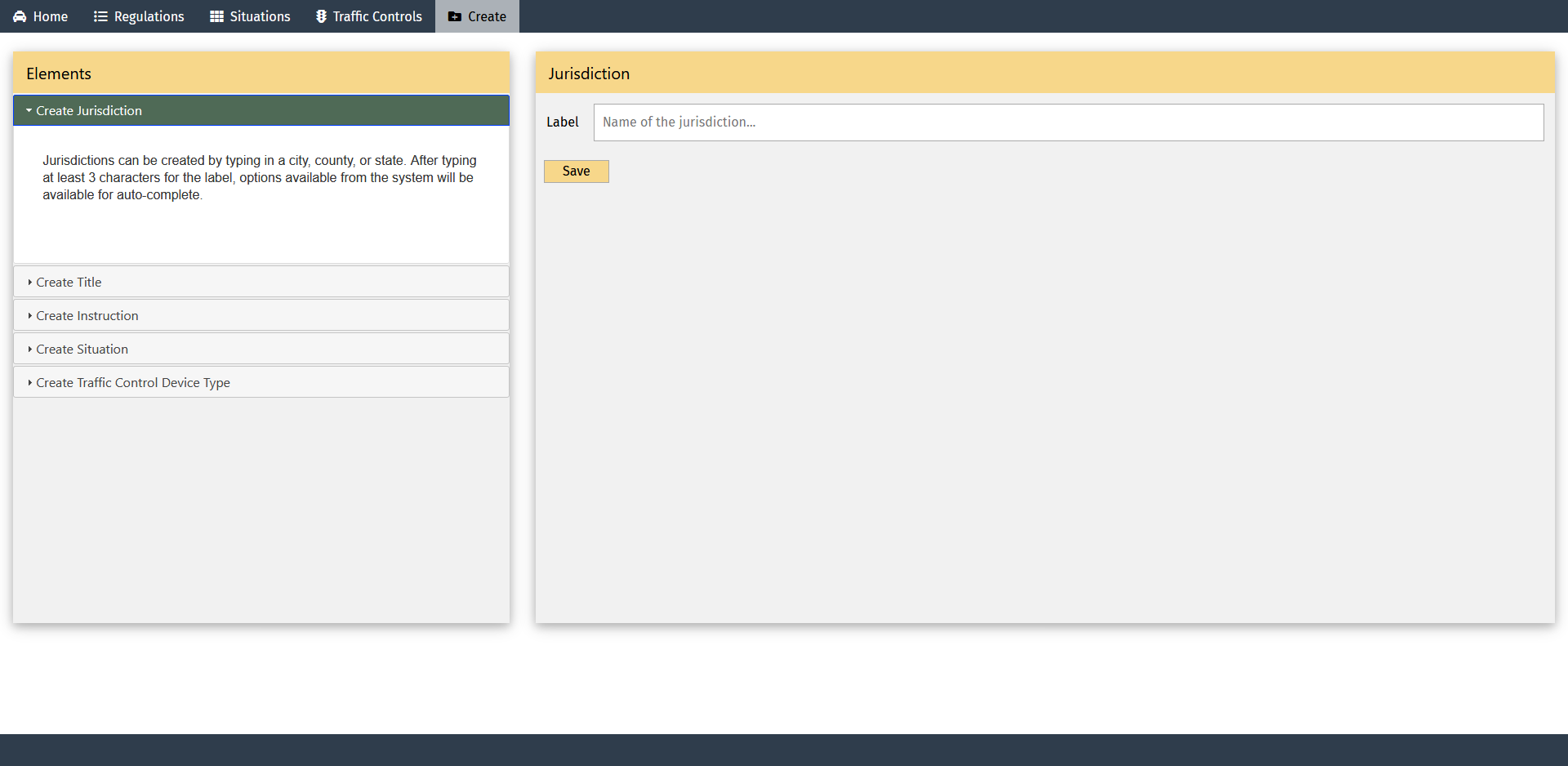 Screen capture of an automated driving systems regulations network page depicting a user interface for selecting the elements of and adding a new jurisdiction.