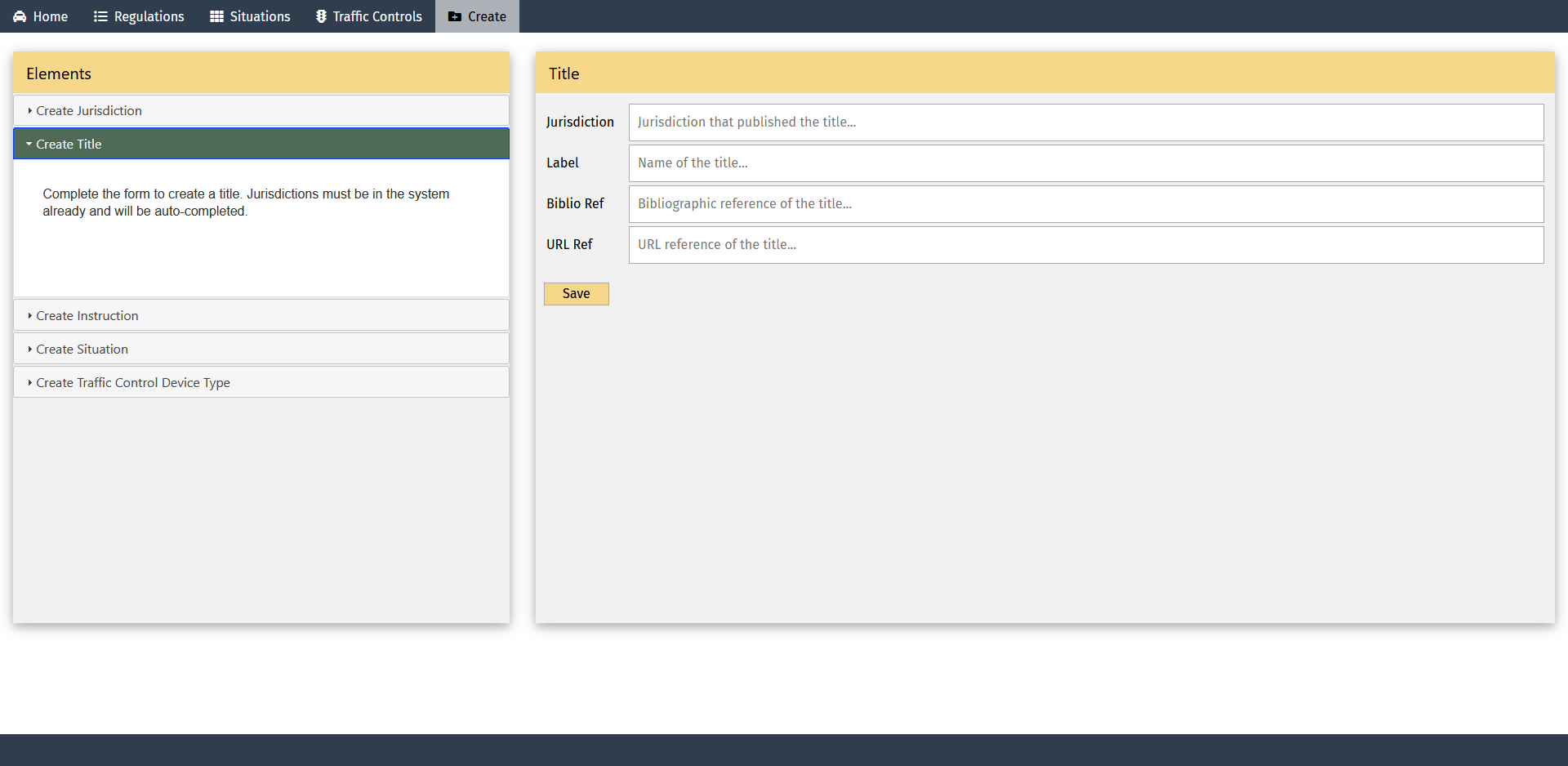 Screen capture of an automated driving systems regulations network page depicting the user interface for creating the body of regulations for which the records are being created.