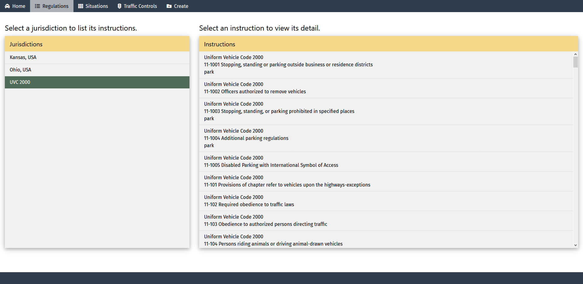 Screen capture of an automated driving systems regulations network page depicting a list of jurisdictions for which regulations have been captured in the data framework.