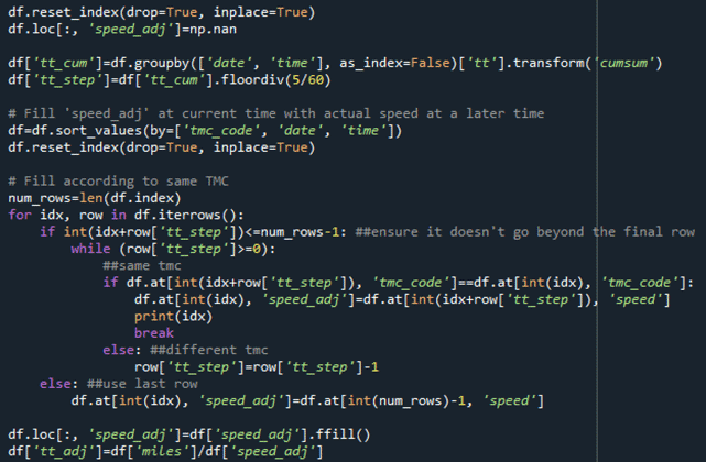 df.reset_index(drop=True, inplace=True) \\ df.loc[:, 'speed_adj']=np.nan \\ df['tt_cum']=...see long description