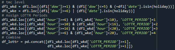 # tmc level \\ df1_wkd = df1.loc[(df1['dow'}>=1)