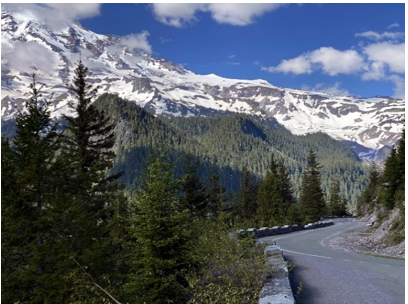 A winding roadway in a mountainous area with a combination of lower-elevation areas with trees and higher-elevation areas with snow.