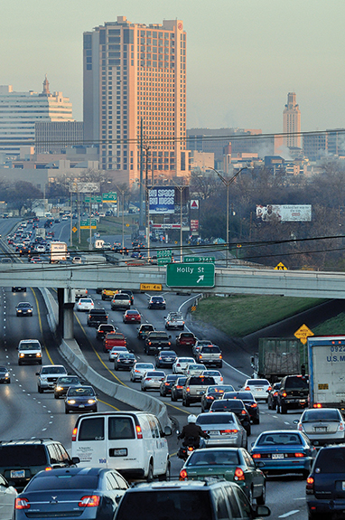 Photo of traffic backing up on I-35 in Austin, Texas.