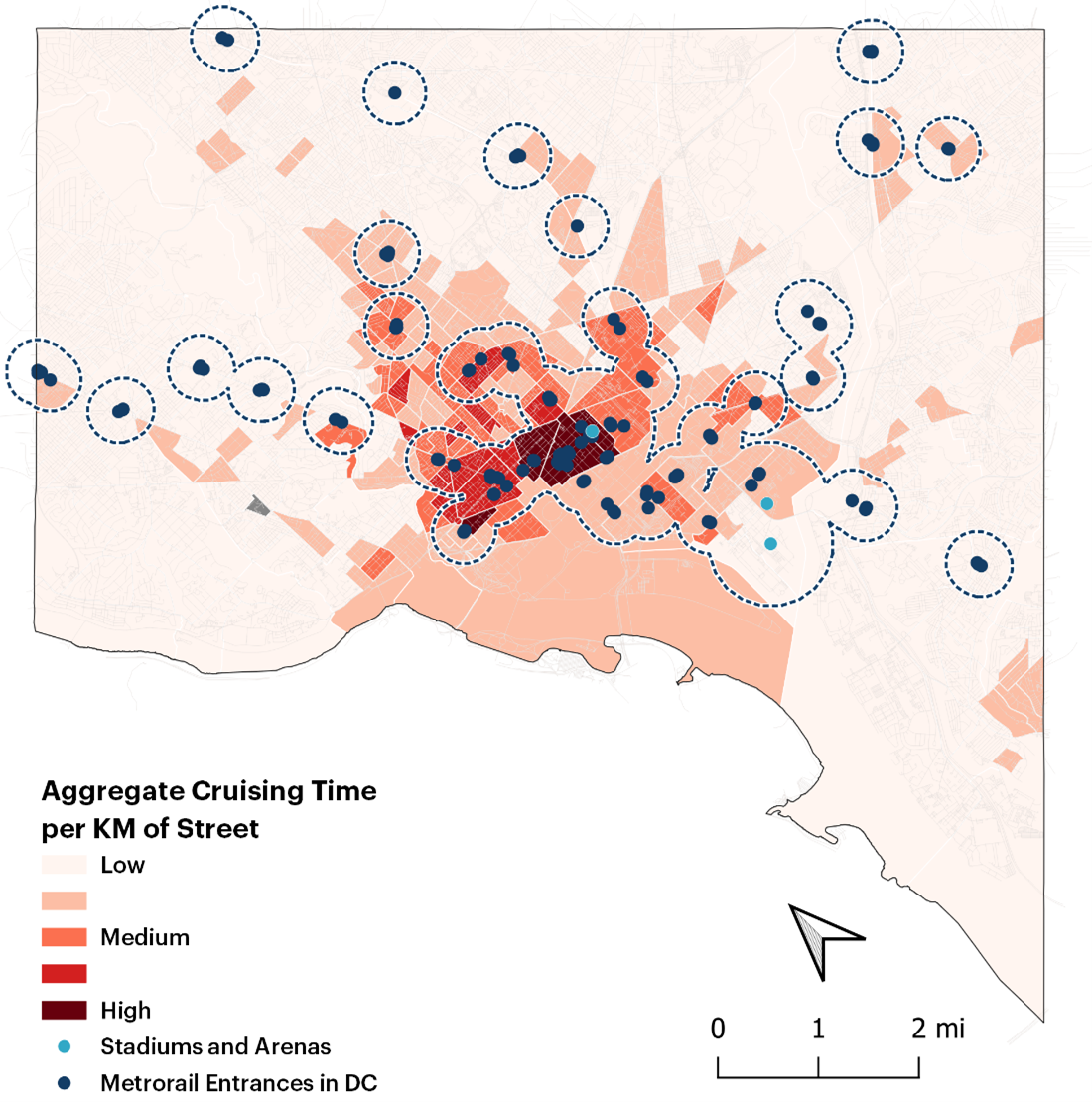 This map depicts a mesoscopic view of Washington, DC, with color-coded blocks representing aggregate time spent cruising in each group of blocks.