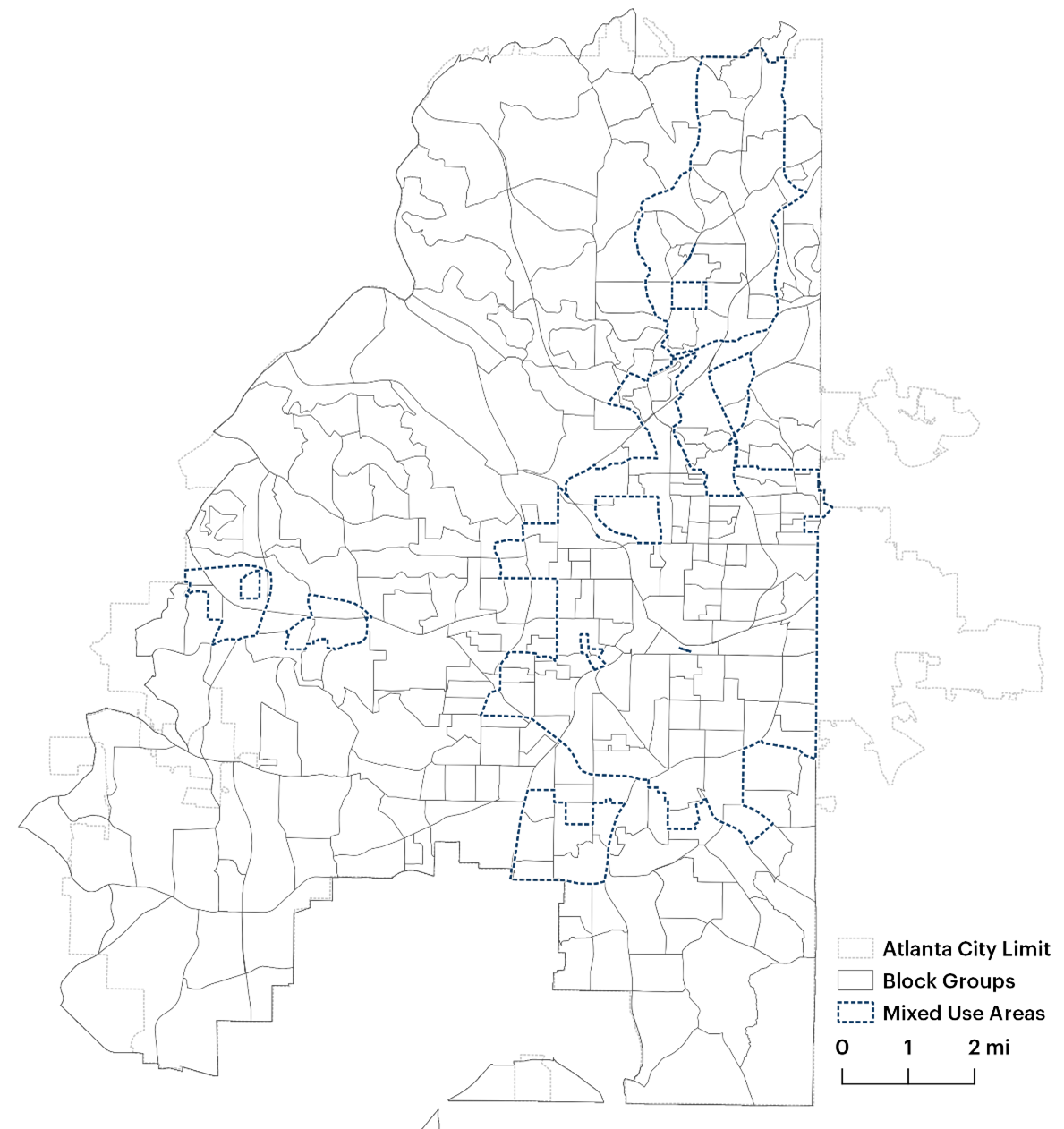 This map depicts the city of Atlanta as divided by block groups. It illustrates mixed use areas, which are defined by dotted lines flowing along block group borders.