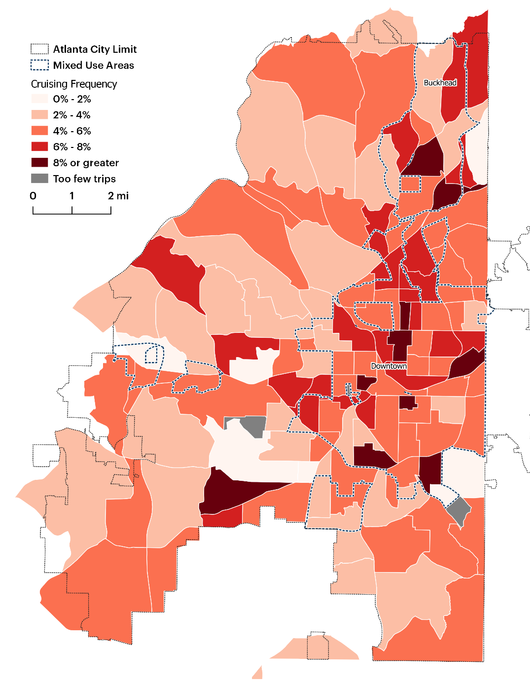 This map represents the Atlanta as defined by its city limits. It is divided into block groups, which are shaded to indicate cruising frequency on a range of 0 to 8 percent or greater.