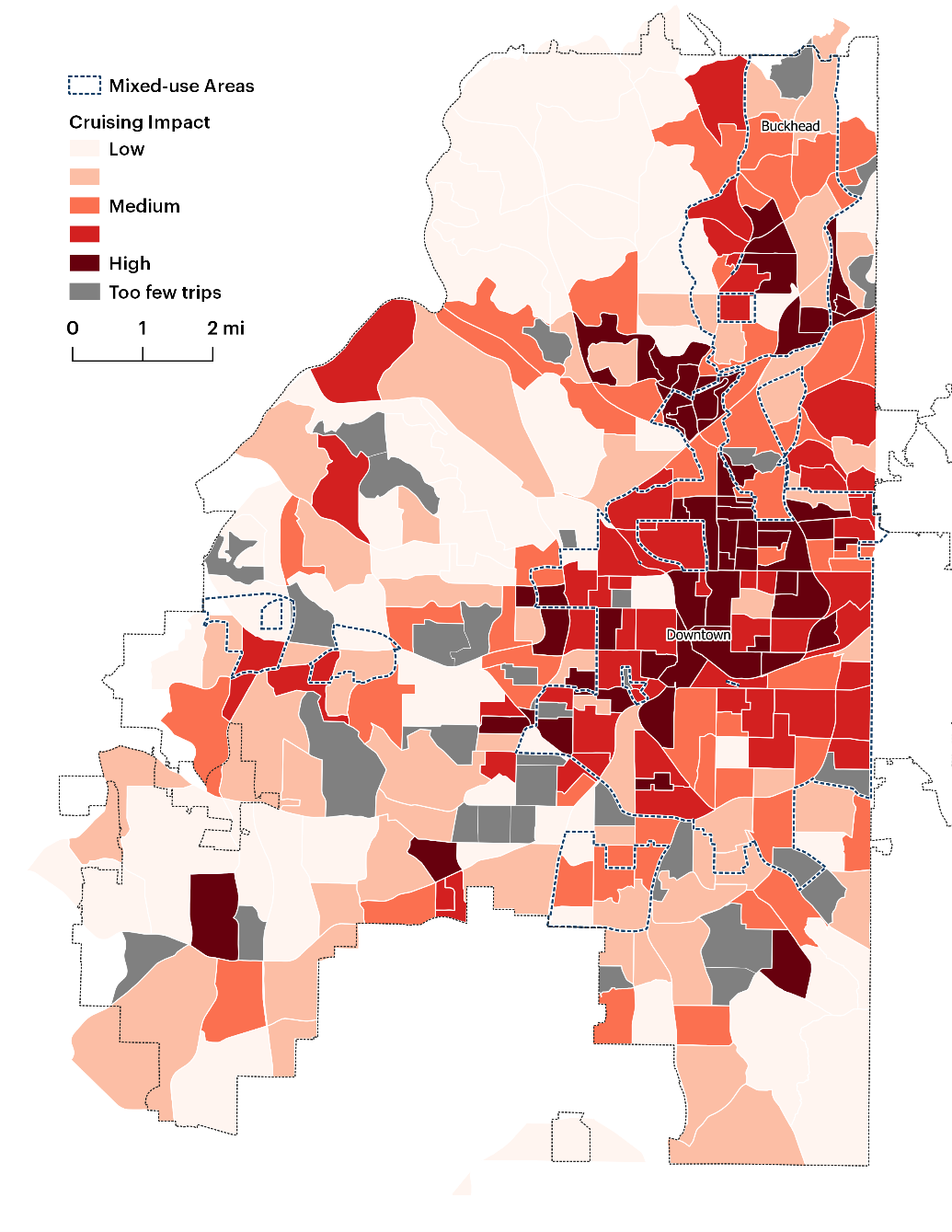 This map represents the Atlanta as defined by its city limits. It is divided into block groups, which are shaded to indicate cruising frequency on a scale of 0 to 8 percent or greater.