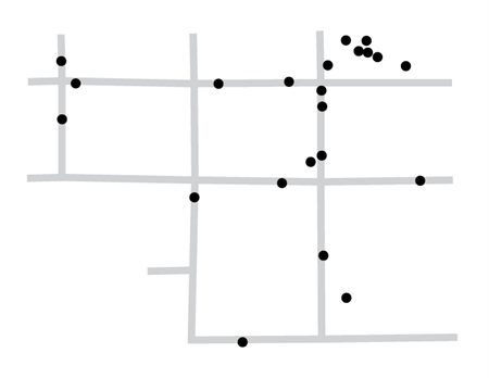 This illustration represents a street grid and depicts a series of pings, represented by dots, overlaid at various points on the grid.