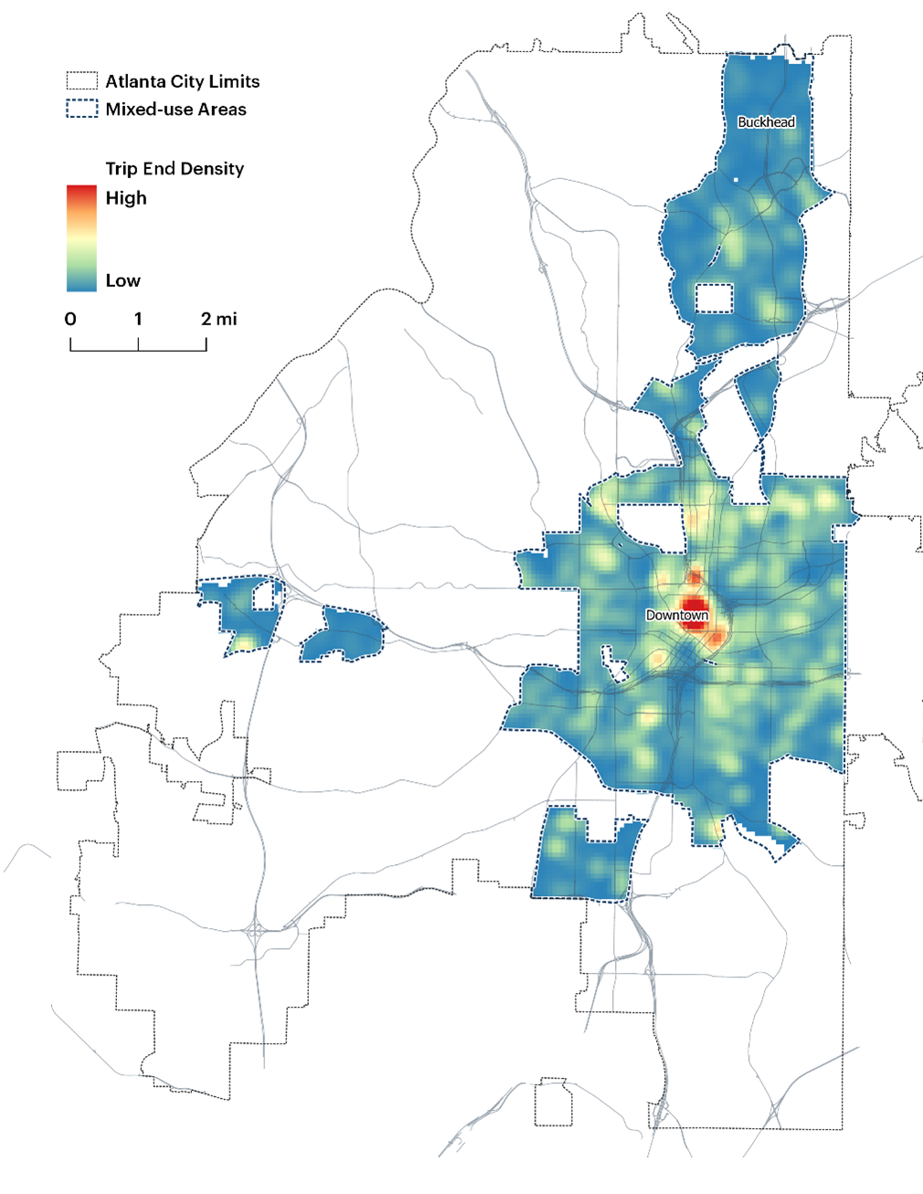 This map depicts the city of Atlanta within its city limits. It illustrates the density of trip ends. Inside the city, dotted lines illustrate mixed use zones, which contain variations in shading to represent low to high trip end density.