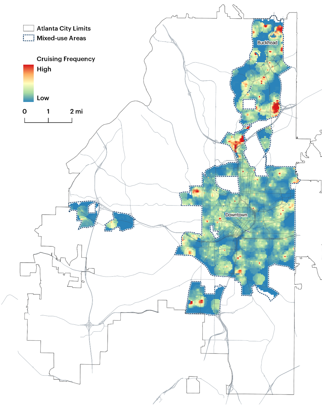 This map represents the Atlanta as defined by its city limits. It is divided into block groups, which are shaded to indicate cruising frequency on a scale of 0 to 8 percent or greater