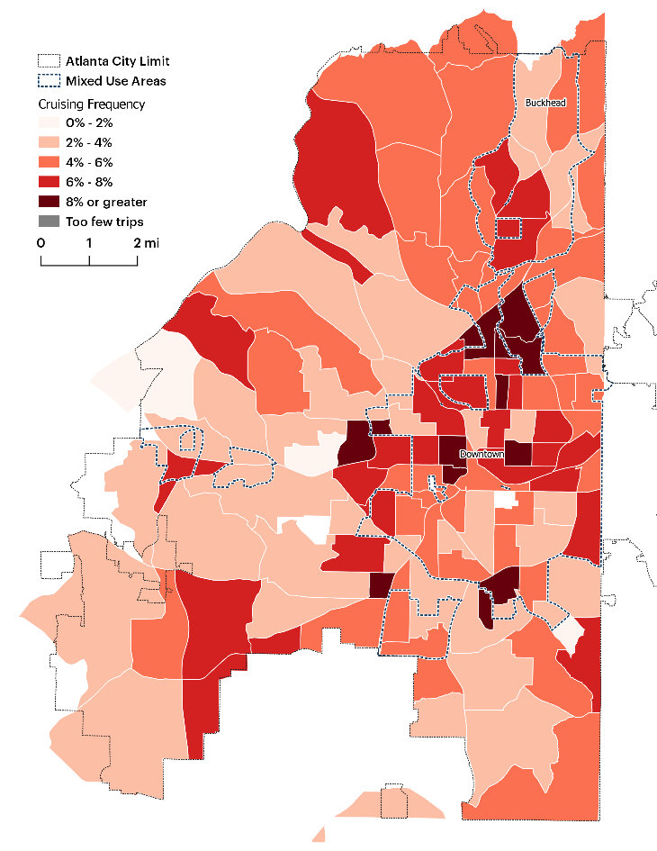 This map of the Atlanta city limits is divided into block groups. Mixed-use areas are illustrated using a dotted line.