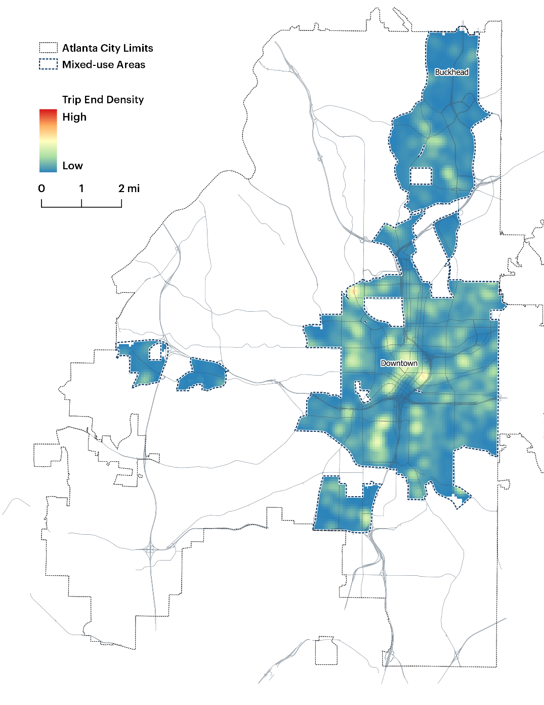 This map represents the Atlanta as defined by its city limits. It is divided into block groups, which are shaded to indicate cruising frequency on a scale of 0 to 8 percent or greater.