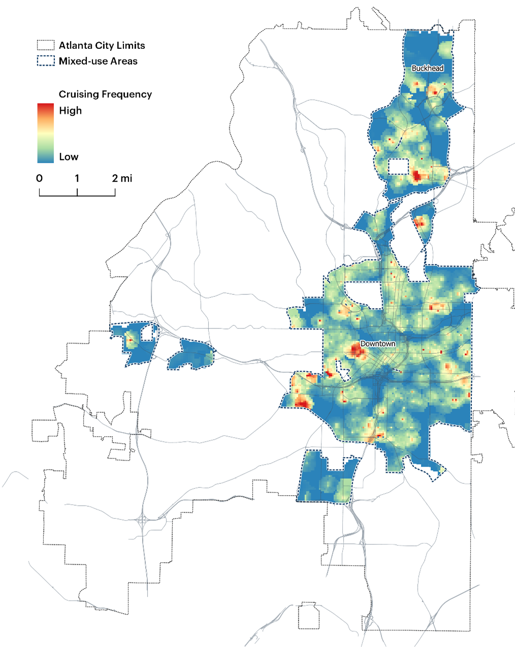 This map depicts the city of Atlanta within its city limits. It is divided into block groups, and a dotted line defines mixed-use areas.