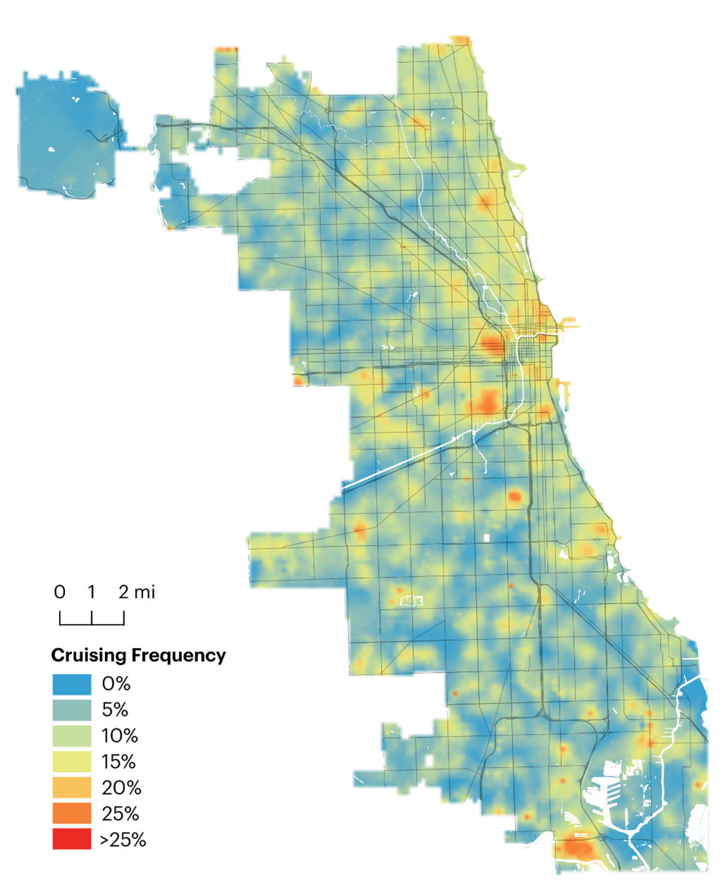 This map depicts the city of Chicago and is overlaid with block groups. The map illustrates cruising frequency in 2019 and shows that location blocks within 2 to 4 miles of the central downtown area...