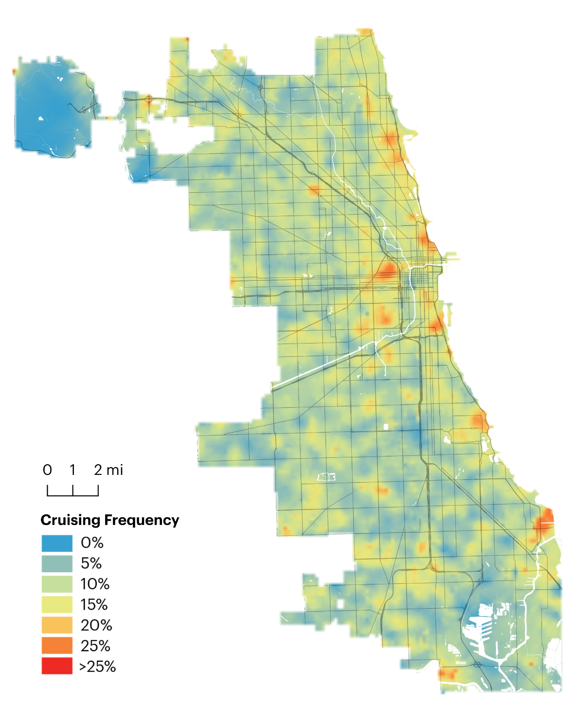 This map depicts the city of Chicago and is overlaid with block groups. The map illustrates cruising frequency in 2020 and shows that location blocks within 2 to 4 miles...