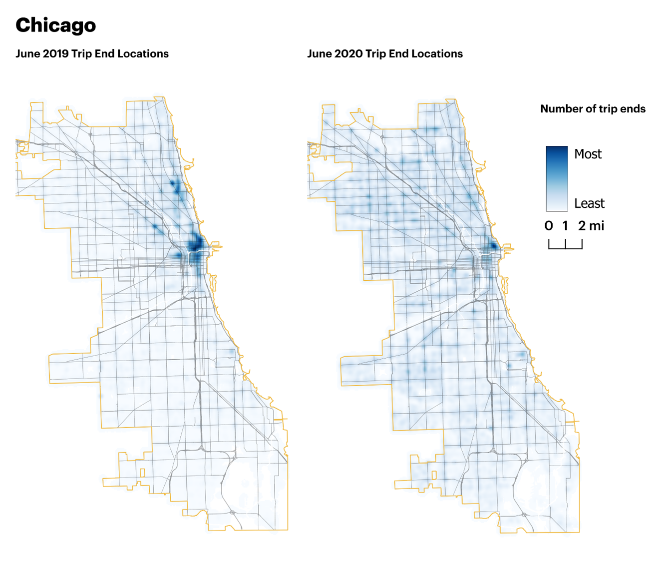 This figure is made of two mesoscopic maps of Chicago with overlays of blocks and major roadways.