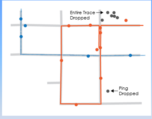 This illustration represents a street grid and depicts a series of pings, represented by dots, overlaid at various points on the grid.