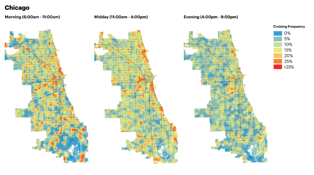 This figure comprises three mesoscopic-level street maps of Chicago.