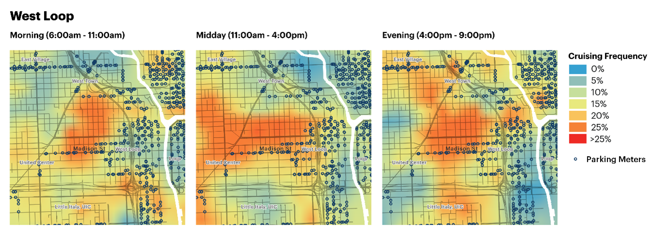 This figure comprises 3 microscopic-level street maps of West Loop, Chicago.