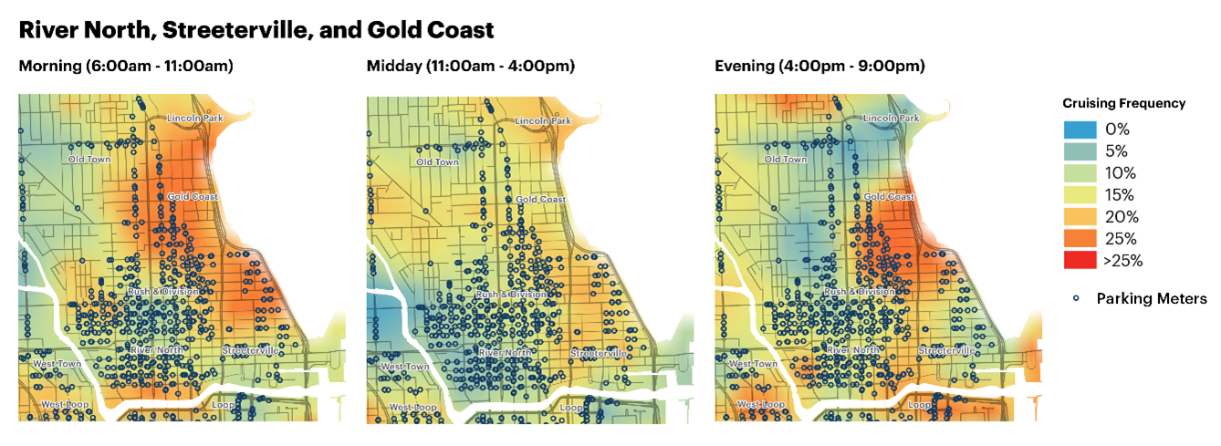 This figure comprises of three microscopic-level street maps of River North, Streeterville, and Gold Coast, Chicago. Dots on the maps represent parking meters.