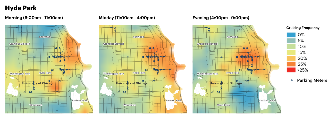 This figure comprises 3 microscopic-level street maps of Hyde Park, Chicago.