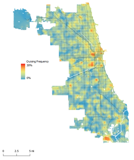 This map is a mesoscopic view of a section of Chicago. Cruising frequency is depicted on the map using color-coded hot spots.