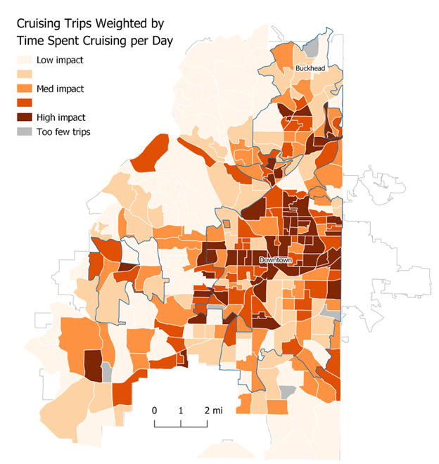 This map provides a mesoscopic-level view of Atlanta with both Downtown and Buckhead labeled. It indicates that the downtown area experiences medium-high to high impacts resulting from cruising trips weighted by time spent per day cruising.