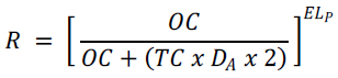 R equals, begin brackets, OC over OC plus the quantity (TC times D subscript A times 2), end brackets, all raised to the power of EL subscript P.