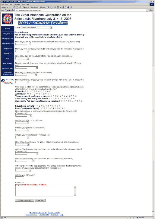 screen shot of a survey on a Fair Saint Louis web page for a 2003 riverfront event