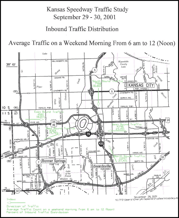 map illustrating the results of the Kansas Speedway Traffic Study, from September 29–30, 2001