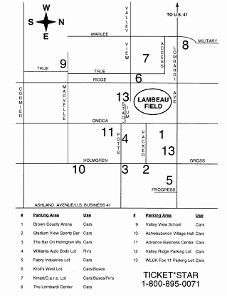 map showing 13 parking locations around Lambeau Field; 10 are for cars only. Of the other 3 locations, 1 is for RVs, 1 is for cars and buses, and one is for cars, buses, and RVs