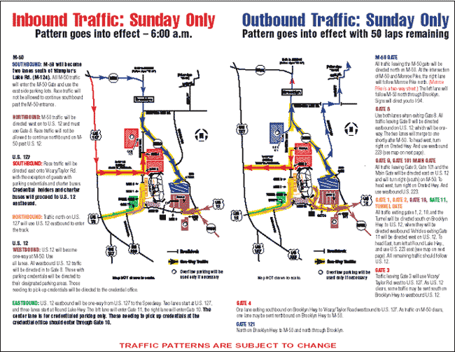 two traffic maps are shown for the Michigan International Speedway, one for Inbound Traffic on Sunday Only and one for Outbound Traffic on Sunday Only