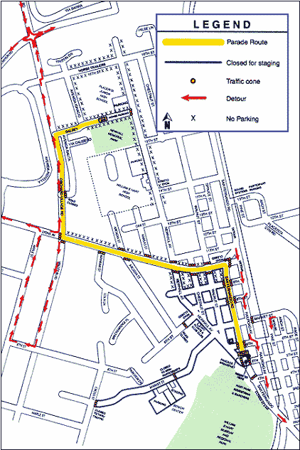 map highlighting the street control plan for the Santa Clarita (CA) 4th of July Parade. The map shows the parade route, which roads are closed for staging, where traffic cones are placed, detour routes, and no parking areas