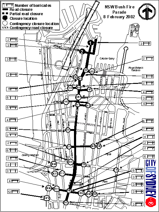 map showing equipment location for the NSW Brush Fire Parade in Sydney, Australia, on February 8, 2002. Symbols on the map indicate the number of barricades, road closures, partial road closures, closure locations, contingency closure locations, and contingency road closures