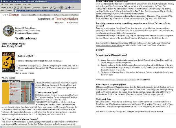 screen shot of a Chicago Department of Transportation web page for the Taste of Chicago event