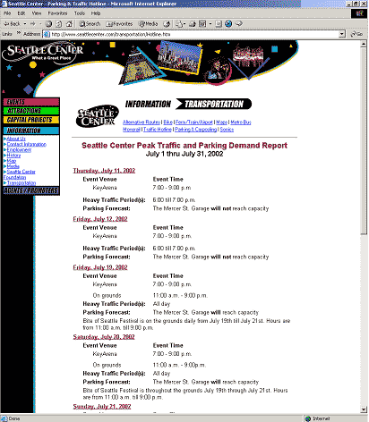screen shot of a transportation web page on the Seattle (WA) Center website