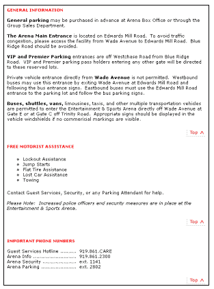 screen shot of parking and motorist assistance web page on the Raleigh (NC) Entertainment and Sports Arena website