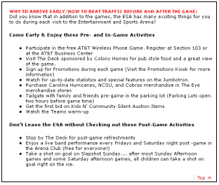 screen shot of pre- and post-game activities web page on the Raleigh (NC) Entertainment and Sports Arena website