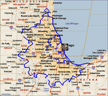 an example travel time analysis for a downtown Chicago lakefront fireworks display. The map shows 15 minute, 30 minute, and 60 minute travel time zones