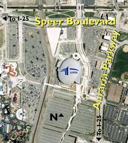 an aerial photo of the Pepsi Center, indicating adjacent on-site parking areas