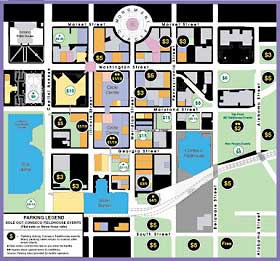 a downtown road map annotated to show various parking areas and parking costs
