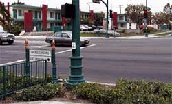 photo showing a physical barrier adjacent to an intersection approach and a sign stating "no ped crossing – use crosswalk"