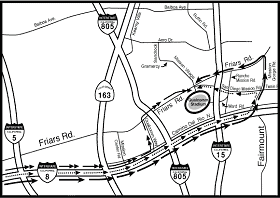 a road map shows three traffic flow routes from a freeway to a stadium