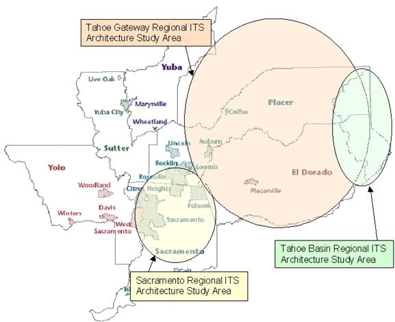 Approximate geographic overlap between the Sacramento Regional ITS Architecture, the Tahoe Gateway Regional ITS Architecture, and the Tahoe Basin Regional ITS Architecture.  