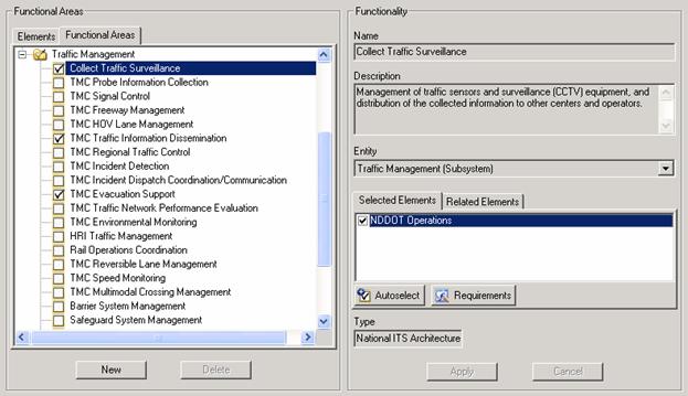 This figure shows the requirements tab in Turbo Architecture using the ND Statewide ITS Architecture.  Here, functional areas have been automatically selected based on Market Packages and ITS elements that have been selected for some of the functional areas.