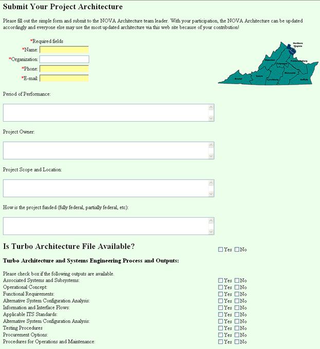 A snapshot of VDOT's project architecture submittal form that is on the project website.