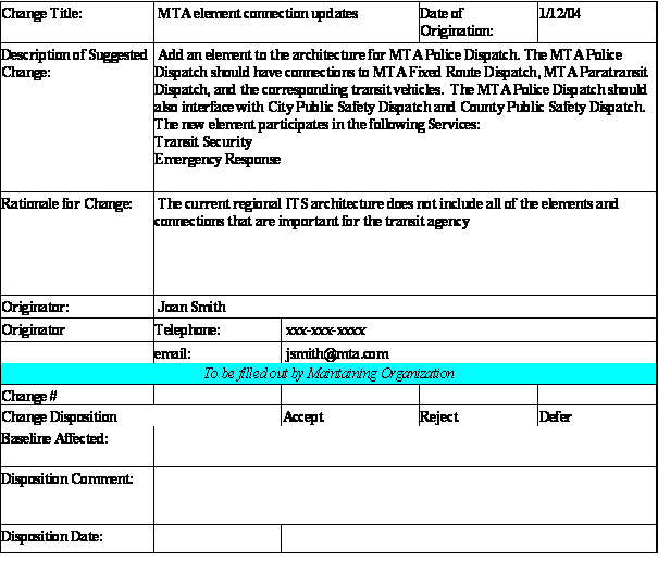 This figure presents a sample change request form (filled out with a request).  There are two parts to the form.  The top part is filled out by the change originator.  The bottom part is filled out by the maintaining organization.