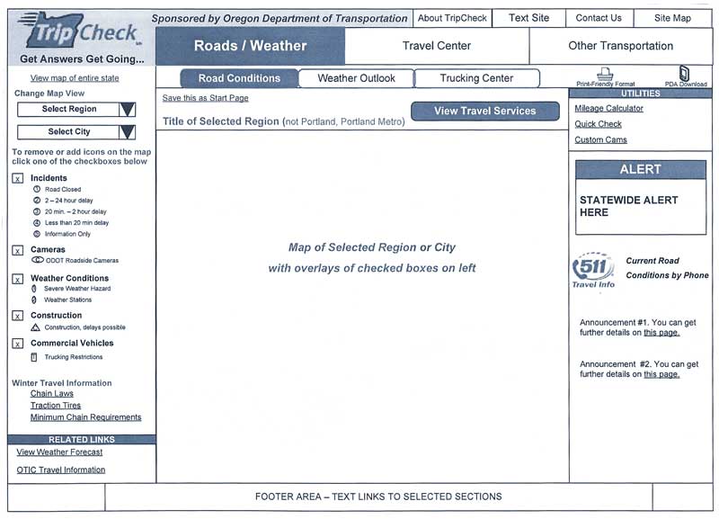 A wireframe diagram shows how the display will look in general.  It shows there will be a map in the center of the display, menus across the top, alerts and priority announcements on the right side, and quick links at the bottom of the display.